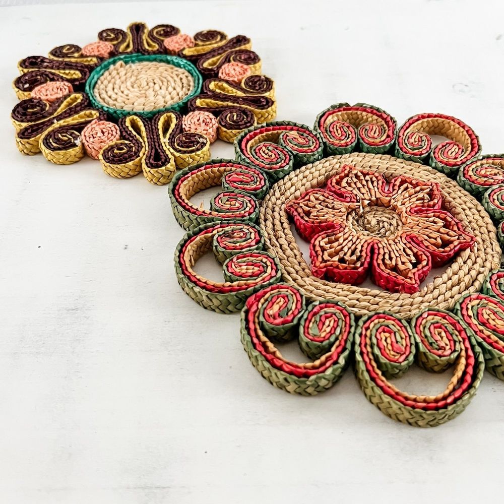 Vintage Rattan Wicker Boho Trivets Set of 2